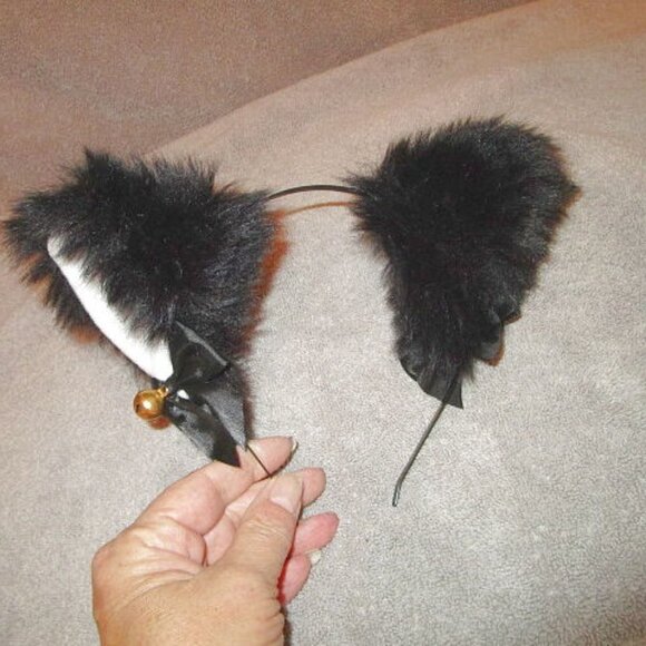 Black PLUSH Cat Ears HEADBAND Costume COSPLAY Goth KITTY Fur BELL Faux Fur - Picture 7 of 7